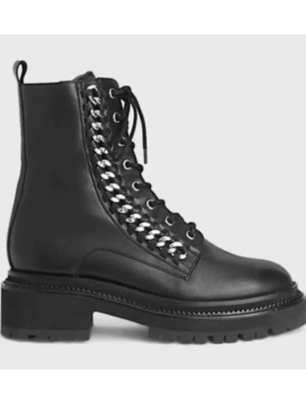 Rebecca Minkoff Black Leather Combat Boots Chain Lug Sole Ankle Size 6